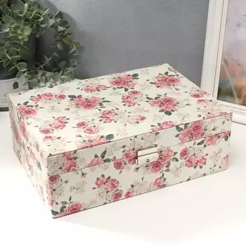 Шкатулка кожзам под часы 2 отделения и бижутерию "Чайные розы" 11х21х30 см