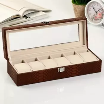 Шкатулка кожзам под часы 6 отделений "Питон коричневый с прожилками" 11х31х7,5 см