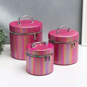 Шкатулка кожзам с зеркалом "Полосы розовый оранж" н-р 3шт 14х14х14 17,5х17,5х17,5 20х20х20см 53860