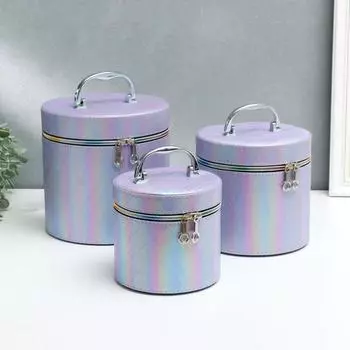 Шкатулка кожзам с зеркалом "Полосы сирень" н-р 3шт 14х14х14 17,5х17,5х17,5 20х20х20см