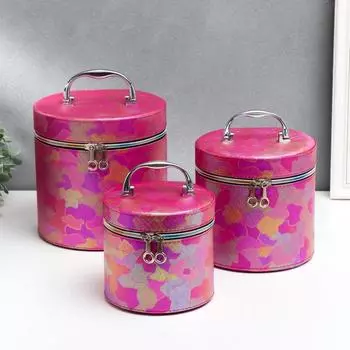 Шкатулка кожзам с зеркалом "Пятна розовый оранж" н-р 3шт 14х14х14 17,5х17,5х17,5 20х20х20 см 53860