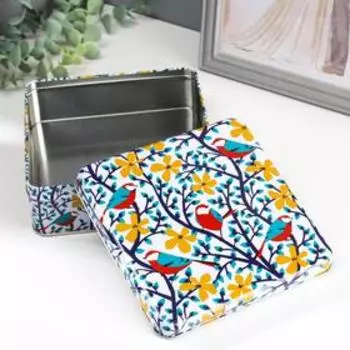 Шкатулка металл квадрат "Птички на цветущих ветках" 6х17х17 см
