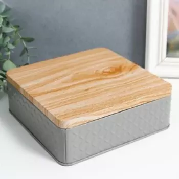 Шкатулка металл квадрат "Ромбы" серая, крышка под дерево 6х17х17 см