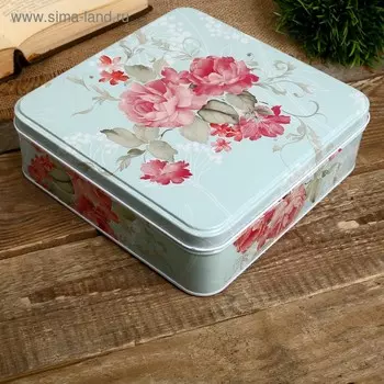 Шкатулка металл квадрат "Розовые розы на голубом" 5,5х18,5х18,5 см