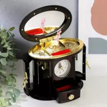 Шкатулка музыкальная пластик от батареек с часами "Шкаф овальный" 13х14,5х9 см