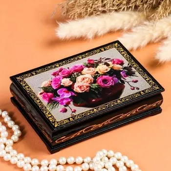 Шкатулка «Орхидеи с розами», 1014 см, лаковая миниатюра