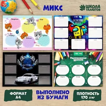 Школьные расписания «Школьное время» бумажное, А4, цвет МИКС
