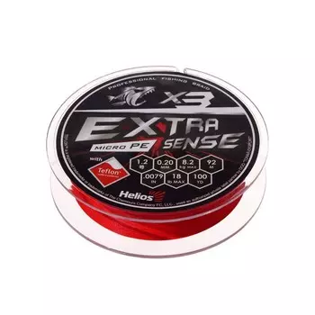 Шнур Helios Extrasense X3 PE, диаметр 0.2 мм, тест 8.2 кг, 92 м, красный