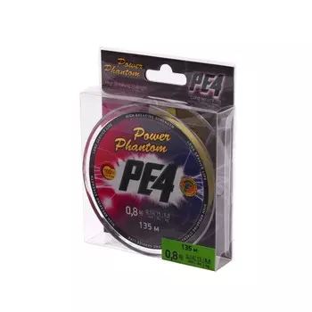 Шнур Power Phantom PE4, 135 м, зеленый № 0.8, диаметр 0.14 мм, тест 6.8 кг