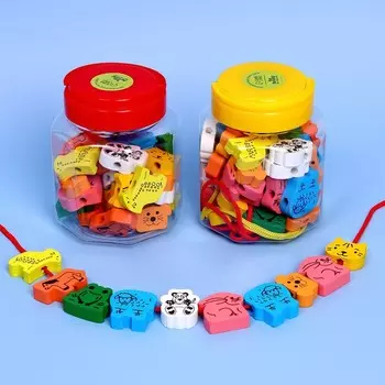Шнуровка в банке 40 деталей «Животные», 2 иглы, 2 шнурка, МИКС