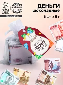 Шоколад мини «Счастья полный мешок», деньги, 5 г х 6 шт