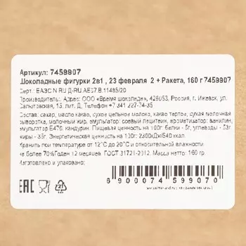 Шоколадные фигурки, 2 в 1 «23 февраля 2 + Ракета», 160 г