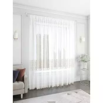Штора, размер 300x260 см, цвет белый с бежевой вышивкой, вуаль