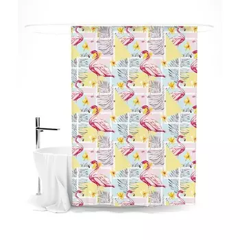 Шторка для ванной «Сирень» «Фламинго и листья», 145х180 см, цвет розовый