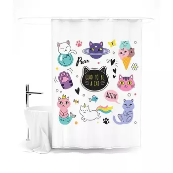 Шторка для ванной «Сирень» «Кошачья планета», 145х180 см, цвет белый