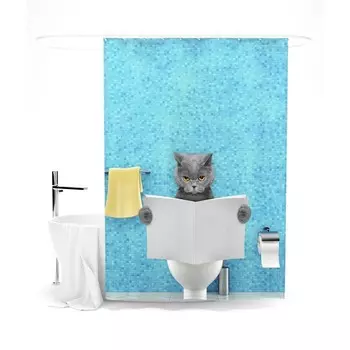 Шторка для ванной «Сирень» «Кот читает новости», 145х180 см, цвет голубой