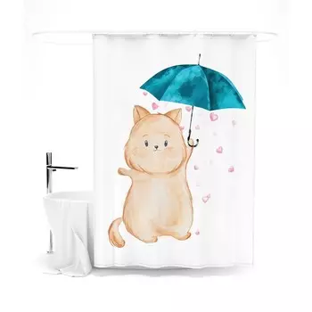 Шторка для ванной «Сирень» «Котенок под зонтиком», 145х180 см, цвет белый