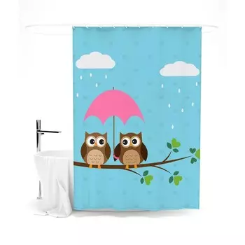 Шторка для ванной «Сирень» «Совята на ветке», 145х180 см, цвет голубой