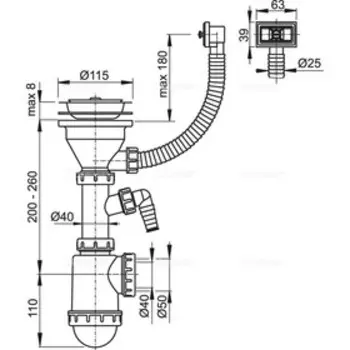 Сифон для мойки Alcaplast A447P-DN50/40, c решеткой из нерж. стали DN115мм, гофрой и штуцером 5075