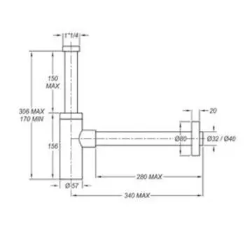 Сифон для раковины BONOMINI 0581SX32K7WZ, накидная гайка 1 1/4", d=32 мм, нерж. сталь, сатин