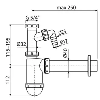 Сифон для умывальника Alcadrain A43P, d=40 мм, с накидной гайкой 5/4"