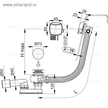 Сифон для ванны Alcaplast A564CRM1, автомат, длина 57 см, с изливом воды через перелив, хром 50750