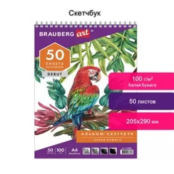 Скетчбук 100г/м BRAUBERG ART DEBUT 205х290 мм 50л, гребень, белая бумага 110983