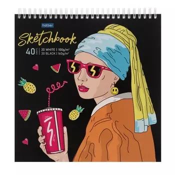 Скетчбук 240 х 240 мм, 40 листов чёрная бумага, 20 листов белая бумага, на гребне "Девушка с серёжкой", обложка мелованный картон, жёсткая подложка, блок 100/160 г/м