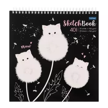 Скетчбук 240 х 240 мм, 40 листов чёрная бумага, 20 листов белая бумага, на гребне "Одуванчиковые коты", обложка мелованный картон, жёсткая подложка, блок 100/160 г/м