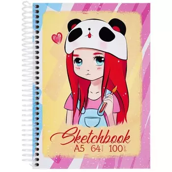 Скетчбук А5, 64 листа на гребне "Девочка в шапке", твёрдая обложка, глянцевая ламинация, блок 100 г/м2