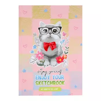 Скетчбук А5, 80 листов "Котик с бантиком", твёрдая обложка, матовая ламинация, тонированный блок 100г/м