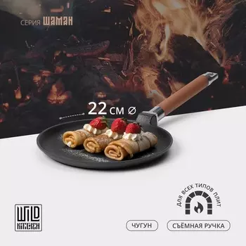 Сковорода блинная Wild Kitchen, d=22 см, съёмная ручка, индукция, чугун, чёрная