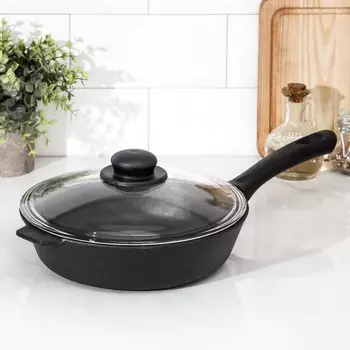 Сковорода чугунная, d=24 см, бакелитовая ручка, стеклянная крышка, цвет чёрный