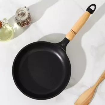 Сковорода, d=20 см, h=4,5 см, деревянная ручка, антипригарное покрытие, цвет чёрный