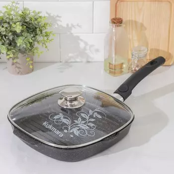 Сковорода-гриль Granit ultra, 2626 см, съёмная ручка, стеклянная крышка, антипригарное покрытие, цвет чёрный