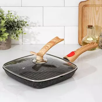 Сковорода-гриль литая «Гранит», 24×3,5 см, стеклянная крышка, съёмная ручка, индукция, цвет чёрный