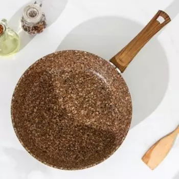 Сковорода ТИТАН ГРАНИТ (КАМЕНЬ), d=22 см, пластиковая ручка, стеклянная крышка, индукция, антипригарное покрытие, цвет коричневый