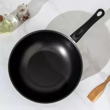 Сковорода-вок Lite, d=28 см, пластиковая ручка, стеклянная крышка, антипригарное покрытие, цвет чёрный