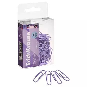 Скрепки канцелярские 28 мм, 100 штук, ErichKrause Manga, цветные с виниловым покрытием, пластиковая коробка, сиреневые