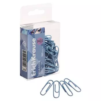 Скрепки канцелярские 28 мм, 100 шт, ErichKrause "Manga", с виниловым покрытием, в пэт-боксе, бледно-голубые