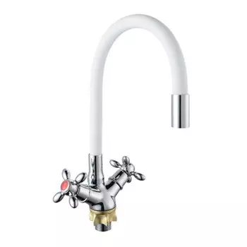 Смеситель для кухни BOOU BA5318-1F-E351A-B702, гибкий излив, латунь, белый/хром
