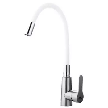 Смеситель для кухни Fashun A54301-8, однорычажный, гибкий излив, нерж.сталь, сатин, белый