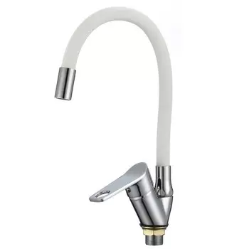 Смеситель для кухни "РМС" SL137W-016F, гибкий излив, однорычажный, белый/хром