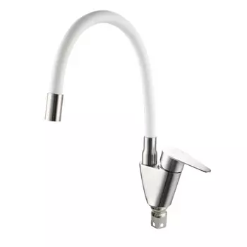 Смеситель для кухни "РМС" SUS126W-016F, гибкий излив, однорычажный, белый/сатин