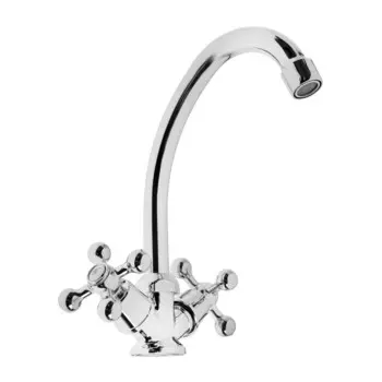 Смеситель для мойки двуручный Juguni JGN0440 с гибкой подводкой, кран-букса керамика, хром.маховик