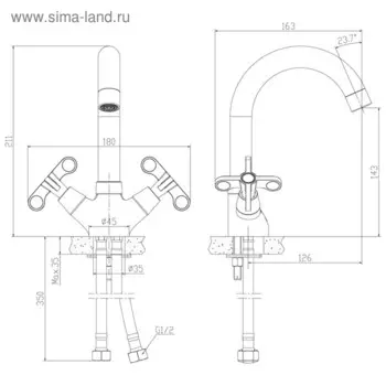 Смеситель для умывальника Rossinka RS42-62, двуручный, с поворотным изливом, цвет хром
