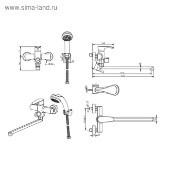 Смеситель для ванны ESKO Delhi DL 31, излив 350 мм, с душевым набором, хром