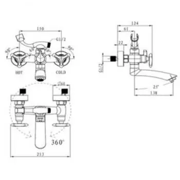 Смеситель для ванны KAISER Trio 57122-1, двухвентильный, длина излива 138мм, бронза