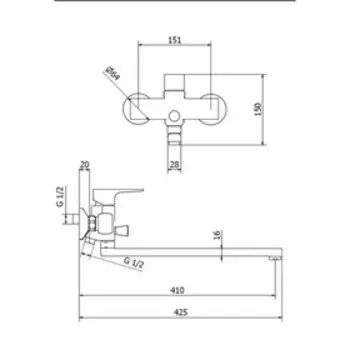 Смеситель для ванны Zipponi MAIA, 1-рычажный с дивертором, излив 350 мм, с ручной лейкой в комплекте