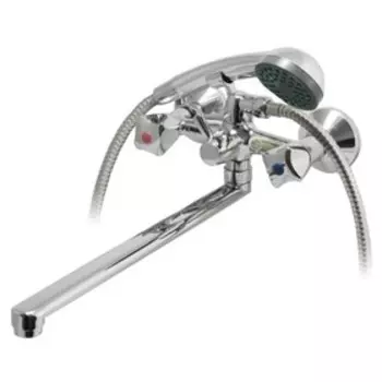 Смеситель ванно-душевой двуручный Juguni JGN0130/B, с металлическим шлангом, хром.лейкой, кран-букса резина, хром.маховики, L-излив